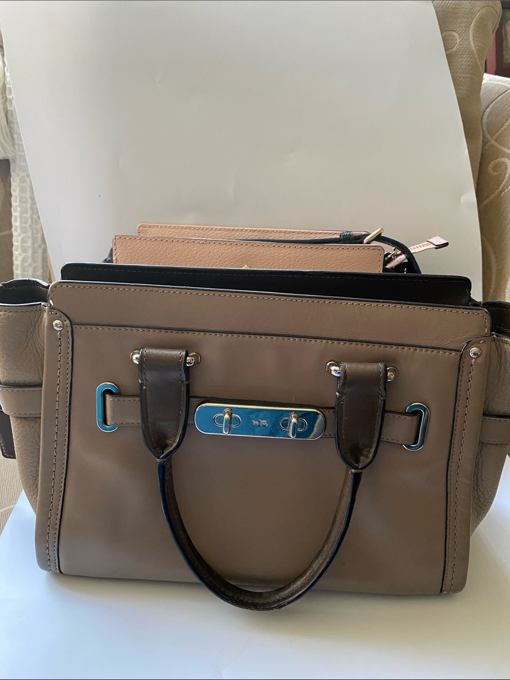 Coach Swagger Taupe and Dark Brown Leather Satchel No Hang Tag or Shoulder Strap